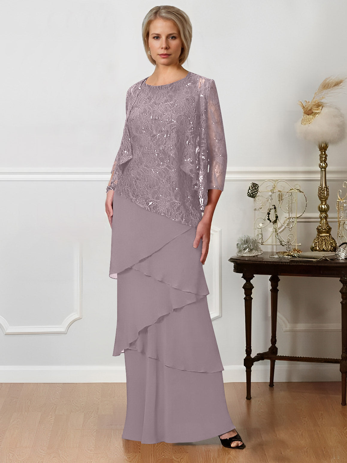 Long A Line Mother of the Bride Dress with Jewel Neck