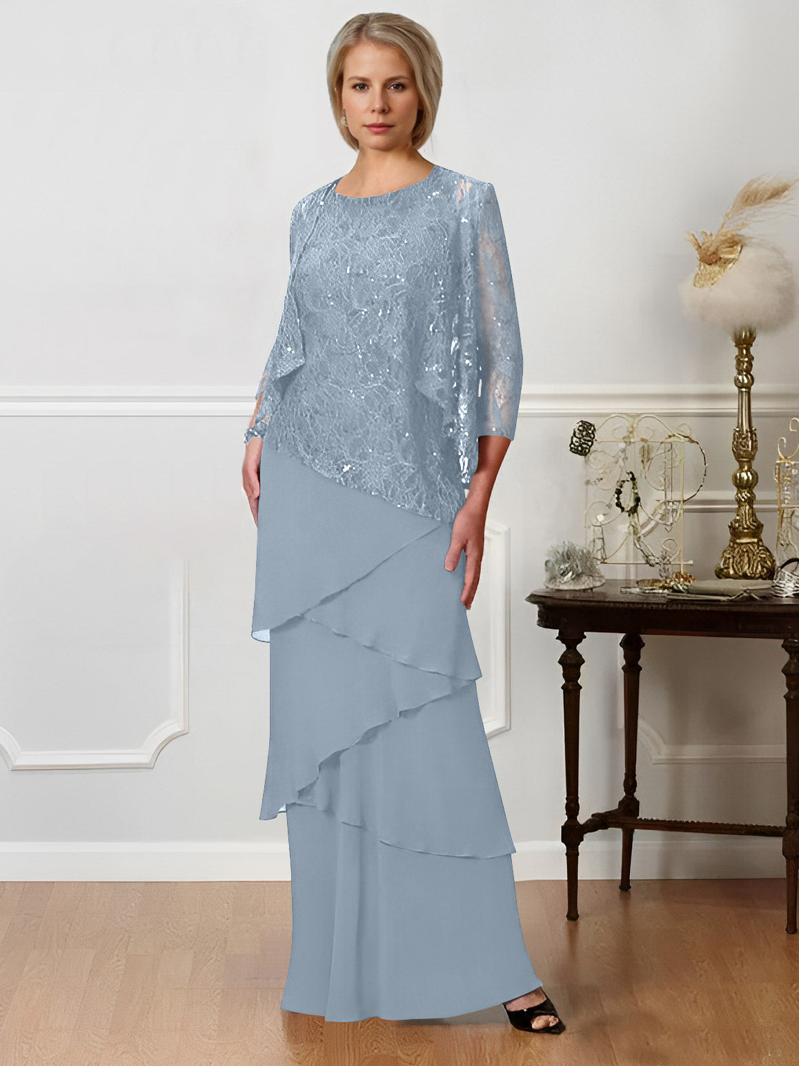 Long A Line Mother of the Bride Dress with Jewel Neck