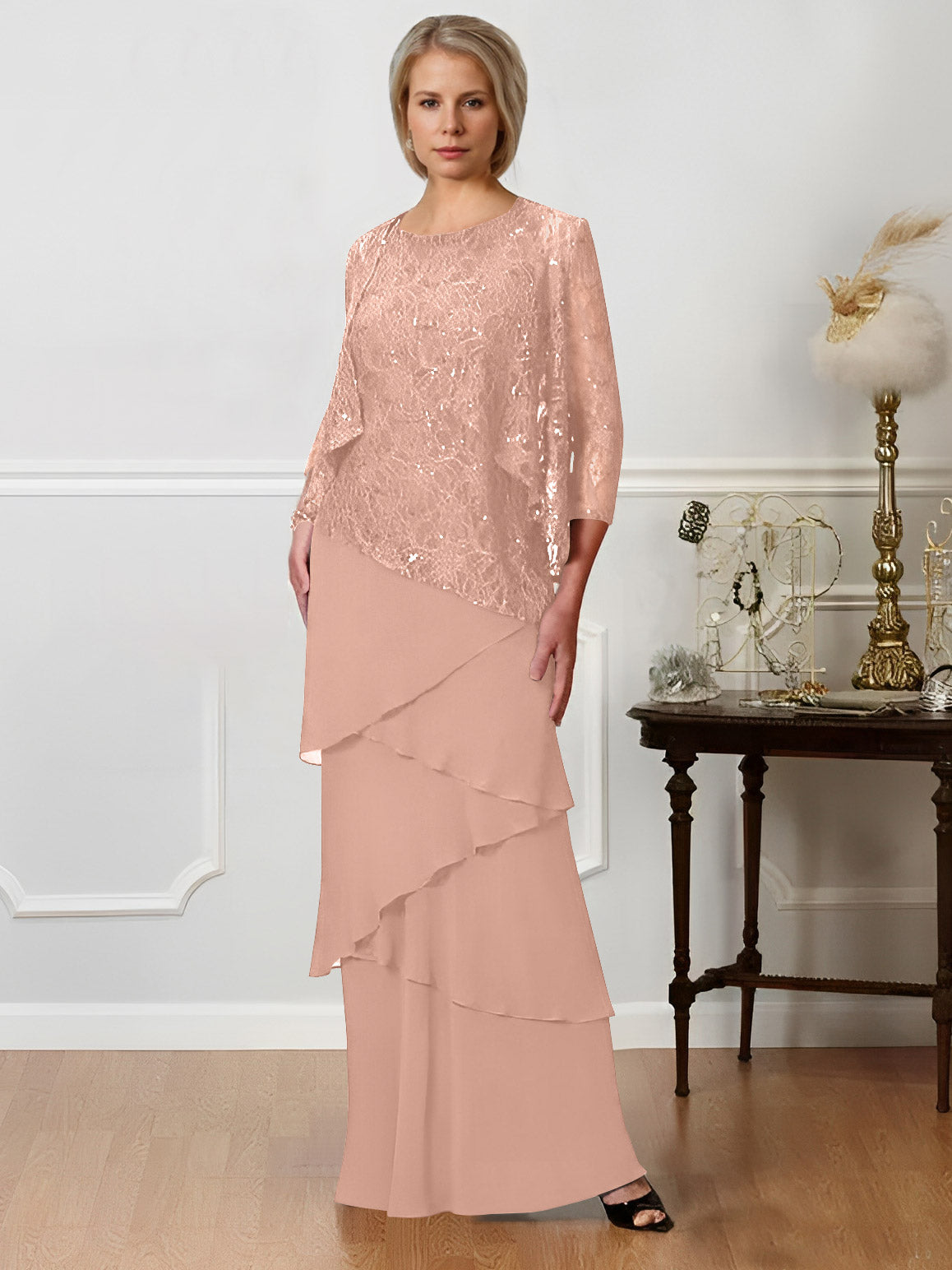 Long A Line Mother of the Bride Dress with Jewel Neck