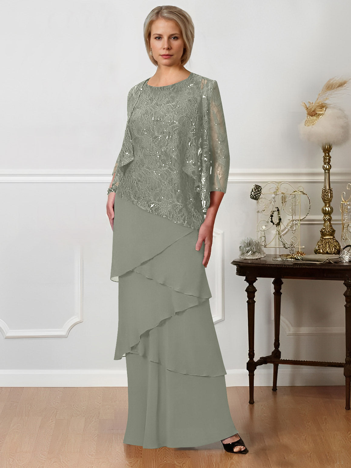 Long A Line Mother of the Bride Dress with Jewel Neck