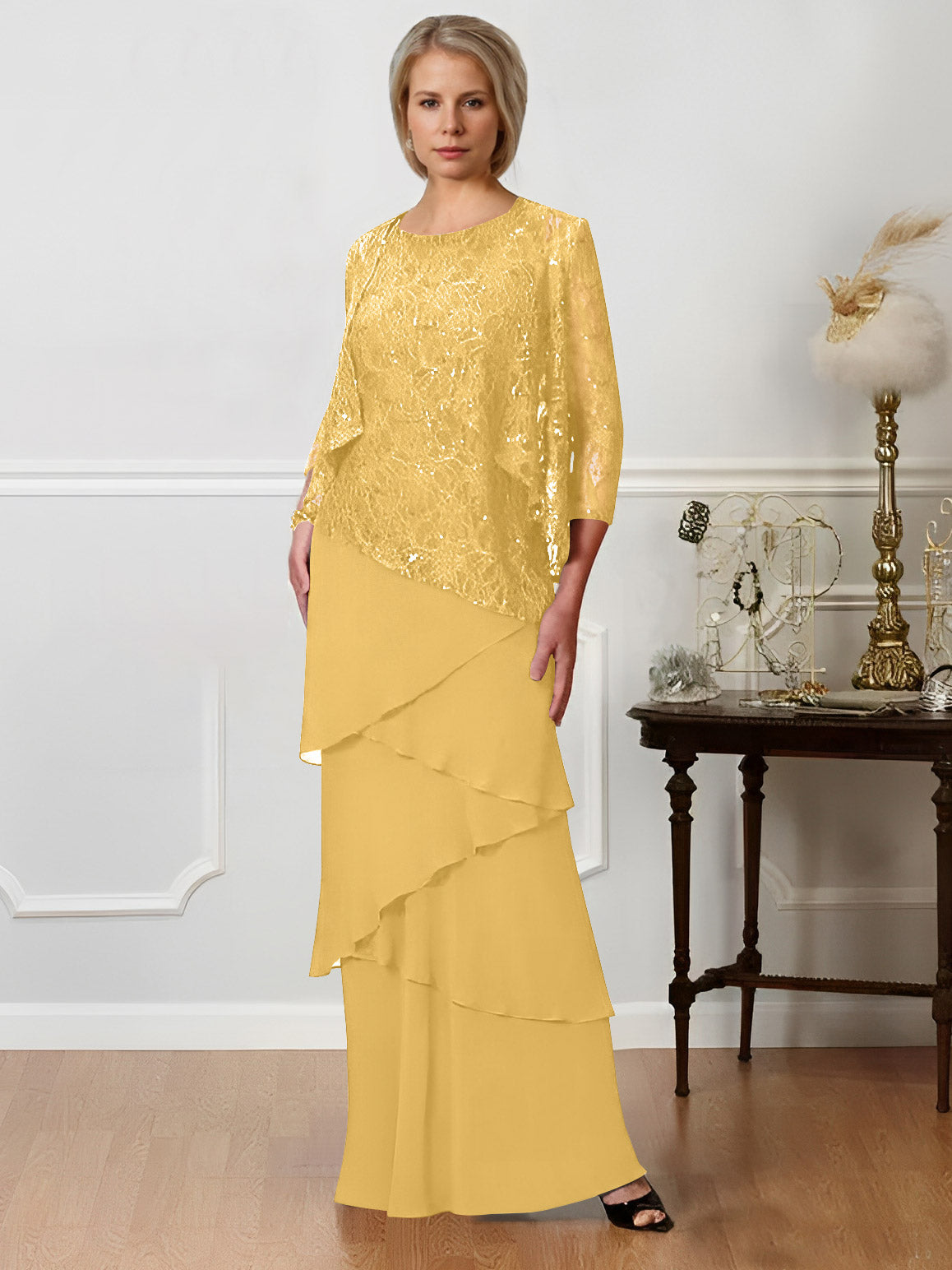 Long A Line Mother of the Bride Dress with Jewel Neck