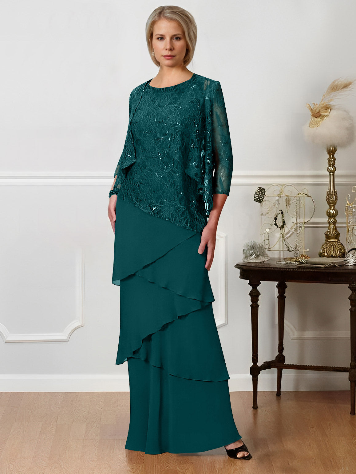 Long A Line Mother of the Bride Dress with Jewel Neck