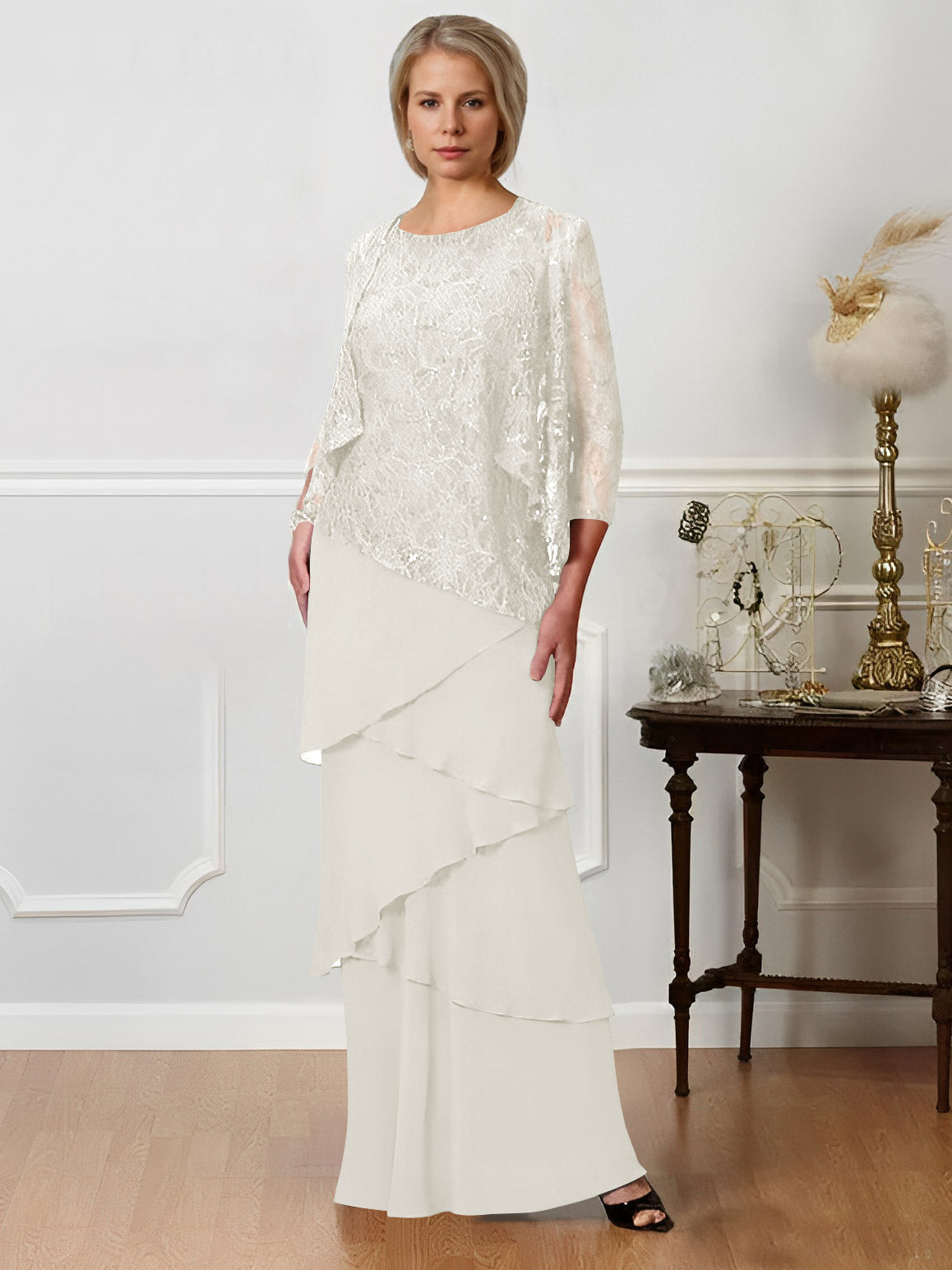 Long A Line Mother of the Bride Dress with Jewel Neck
