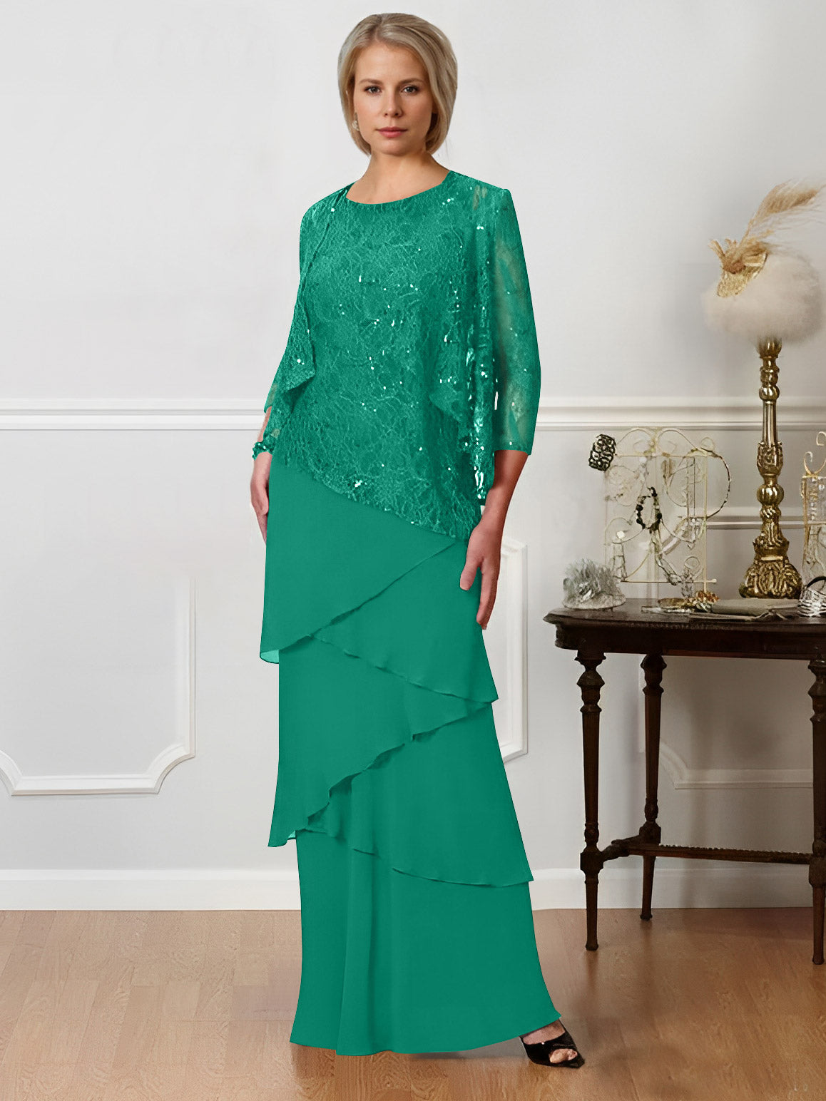 Long A Line Mother of the Bride Dress with Jewel Neck