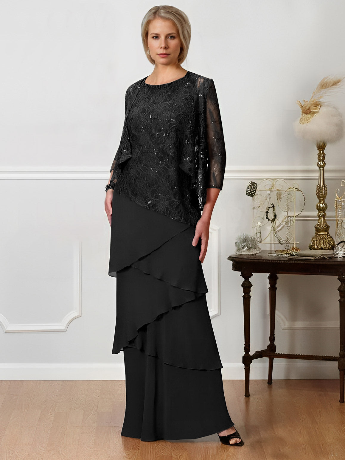 Long A Line Mother of the Bride Dress with Jewel Neck