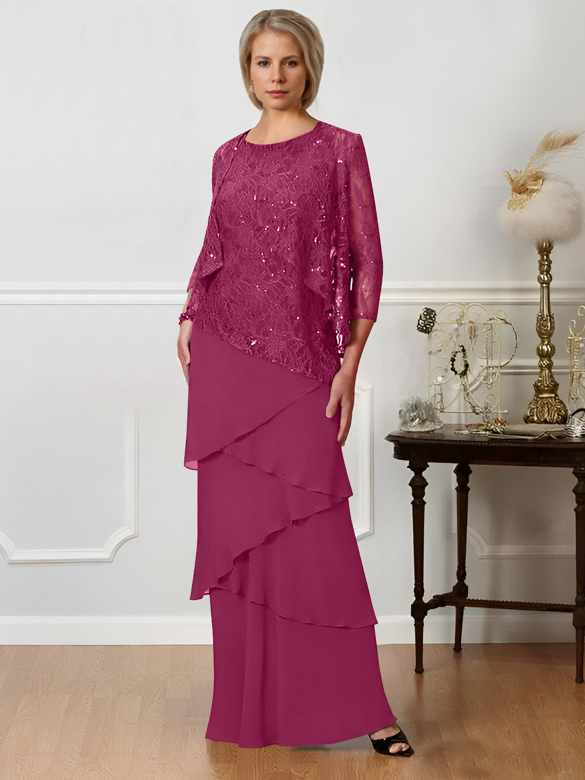 Long A Line Mother of the Bride Dress with Jewel Neck