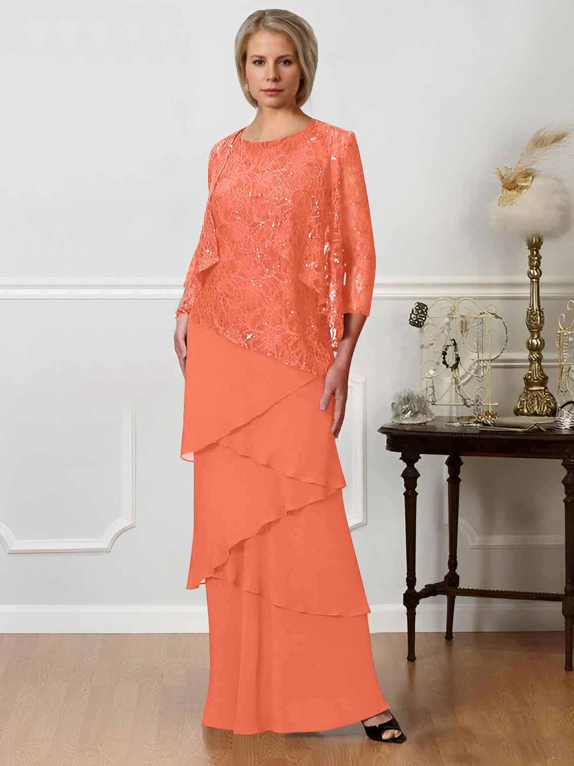 Long A Line Mother of the Bride Dress with Jewel Neck