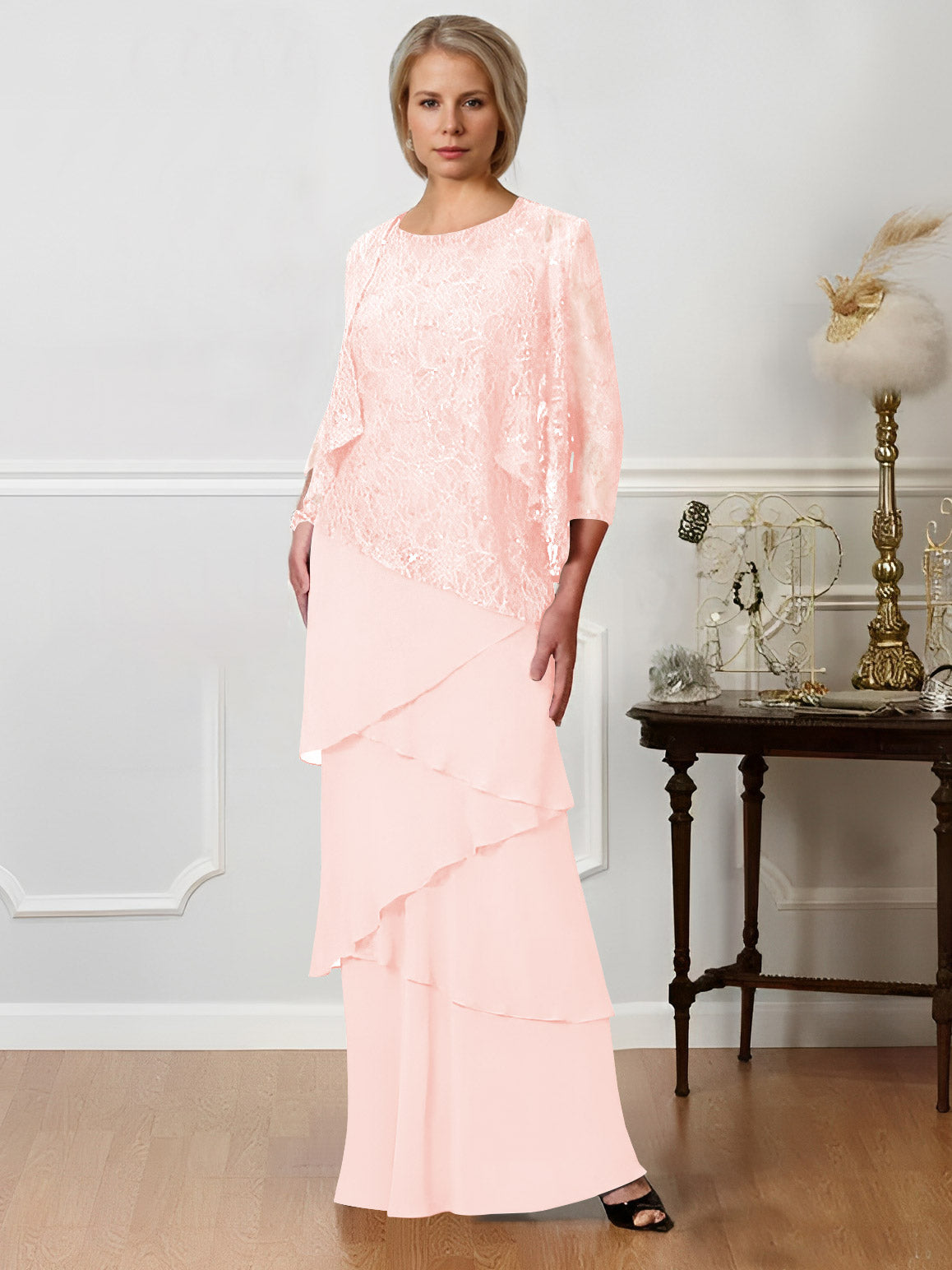 Long A Line Mother of the Bride Dress with Jewel Neck