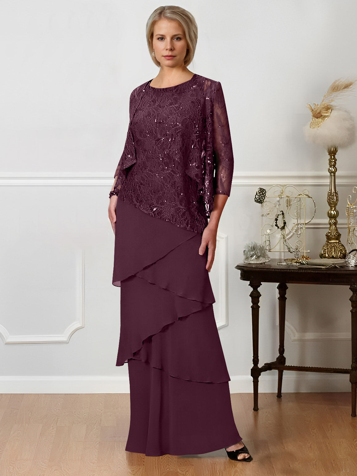 Long A Line Mother of the Bride Dress with Jewel Neck