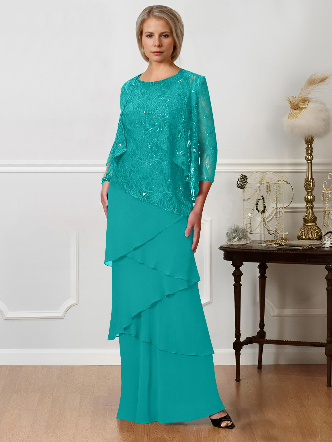 Long A Line Mother of the Bride Dress with Jewel Neck