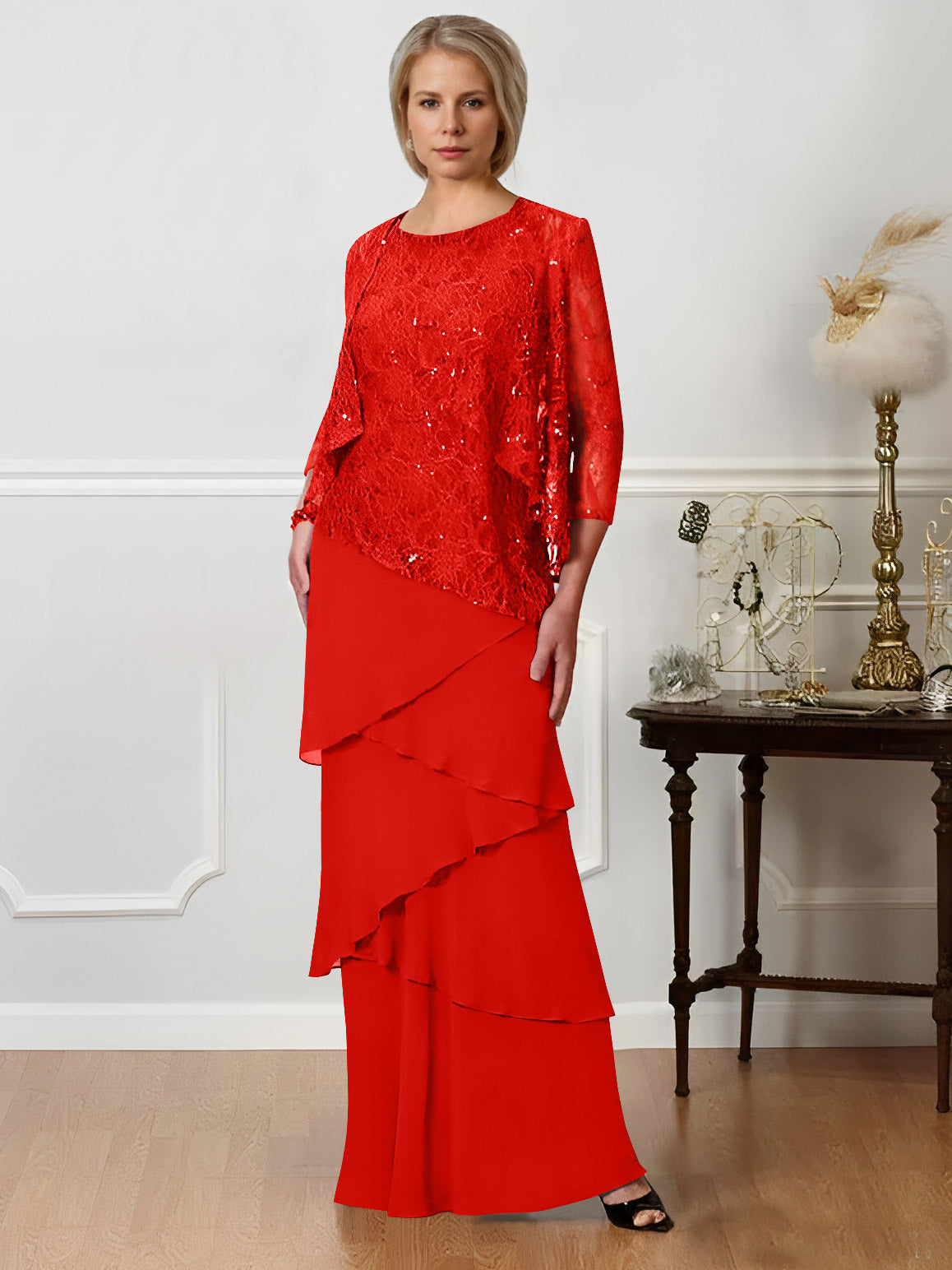 Long A Line Mother of the Bride Dress with Jewel Neck