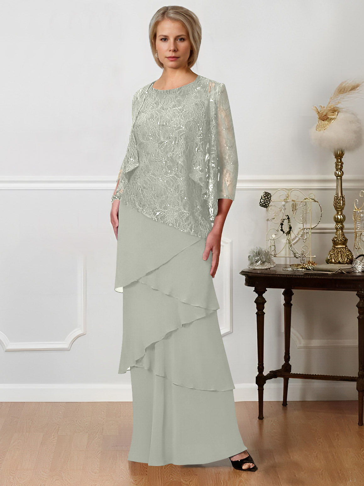 Long A Line Mother of the Bride Dress with Jewel Neck