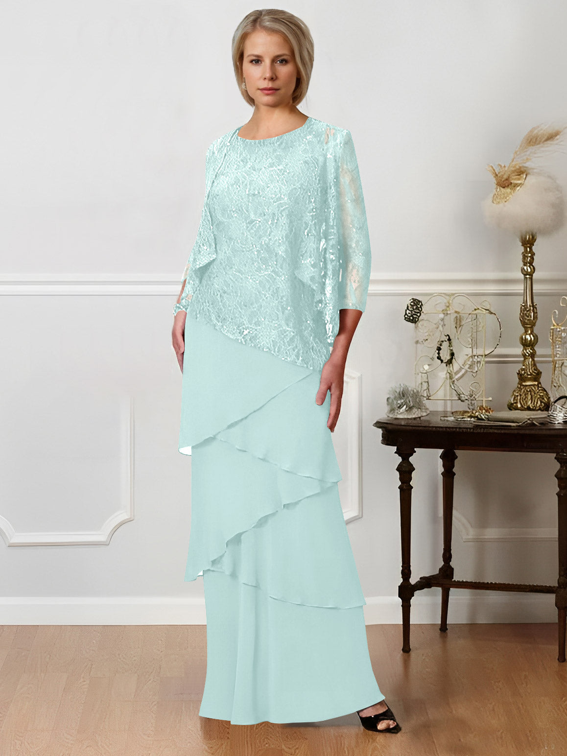 Long A Line Mother of the Bride Dress with Jewel Neck