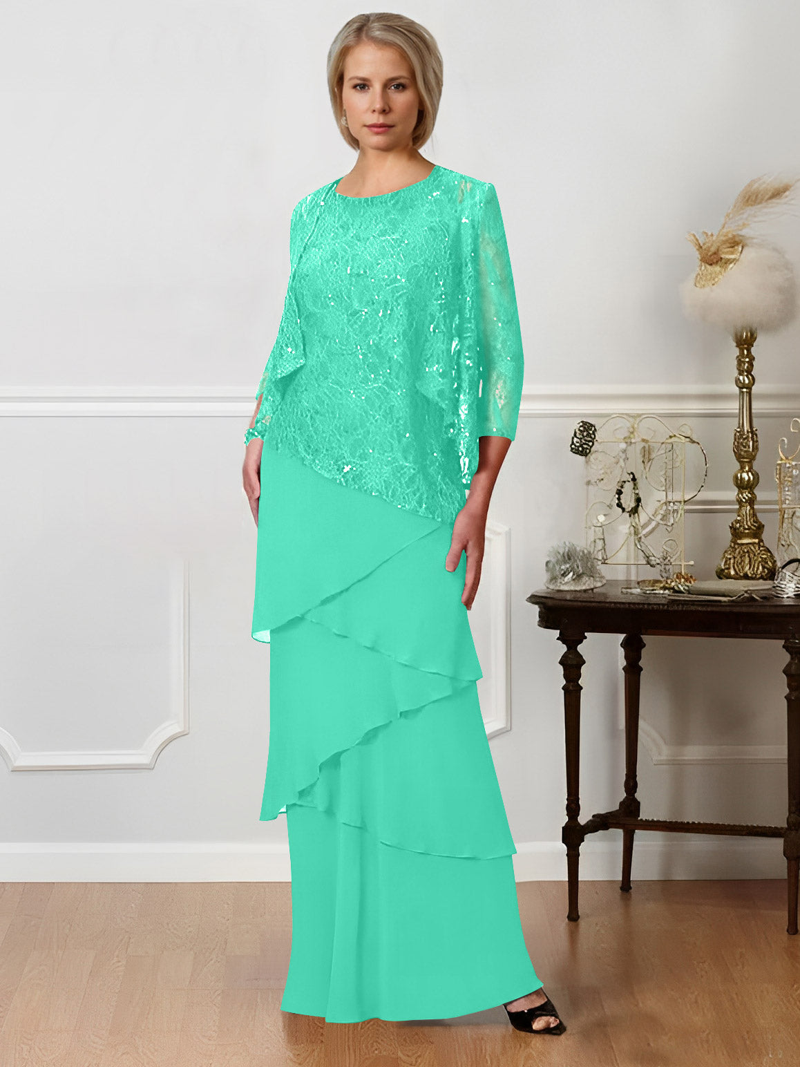 Long A Line Mother of the Bride Dress with Jewel Neck