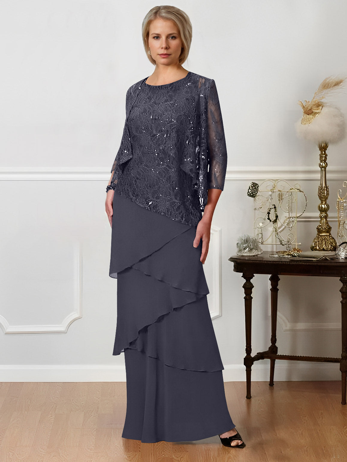 Long A Line Mother of the Bride Dress with Jewel Neck