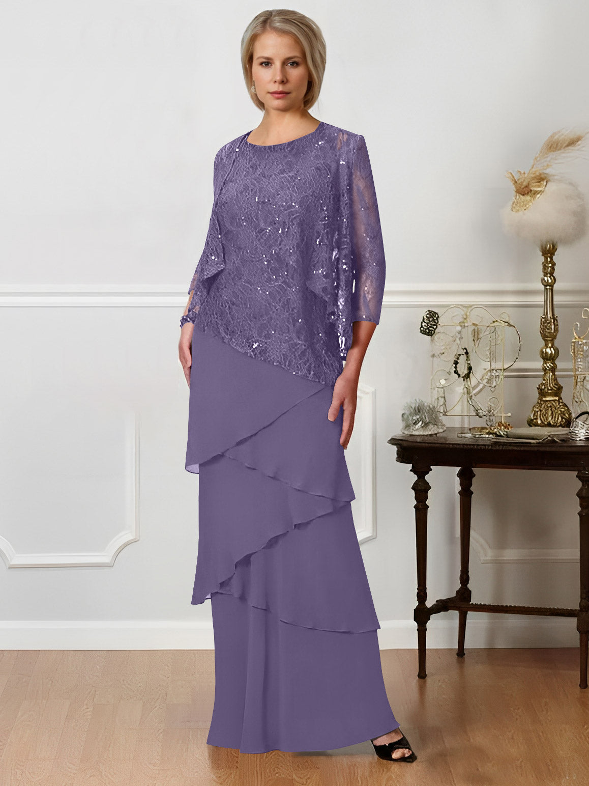 Long A Line Mother of the Bride Dress with Jewel Neck