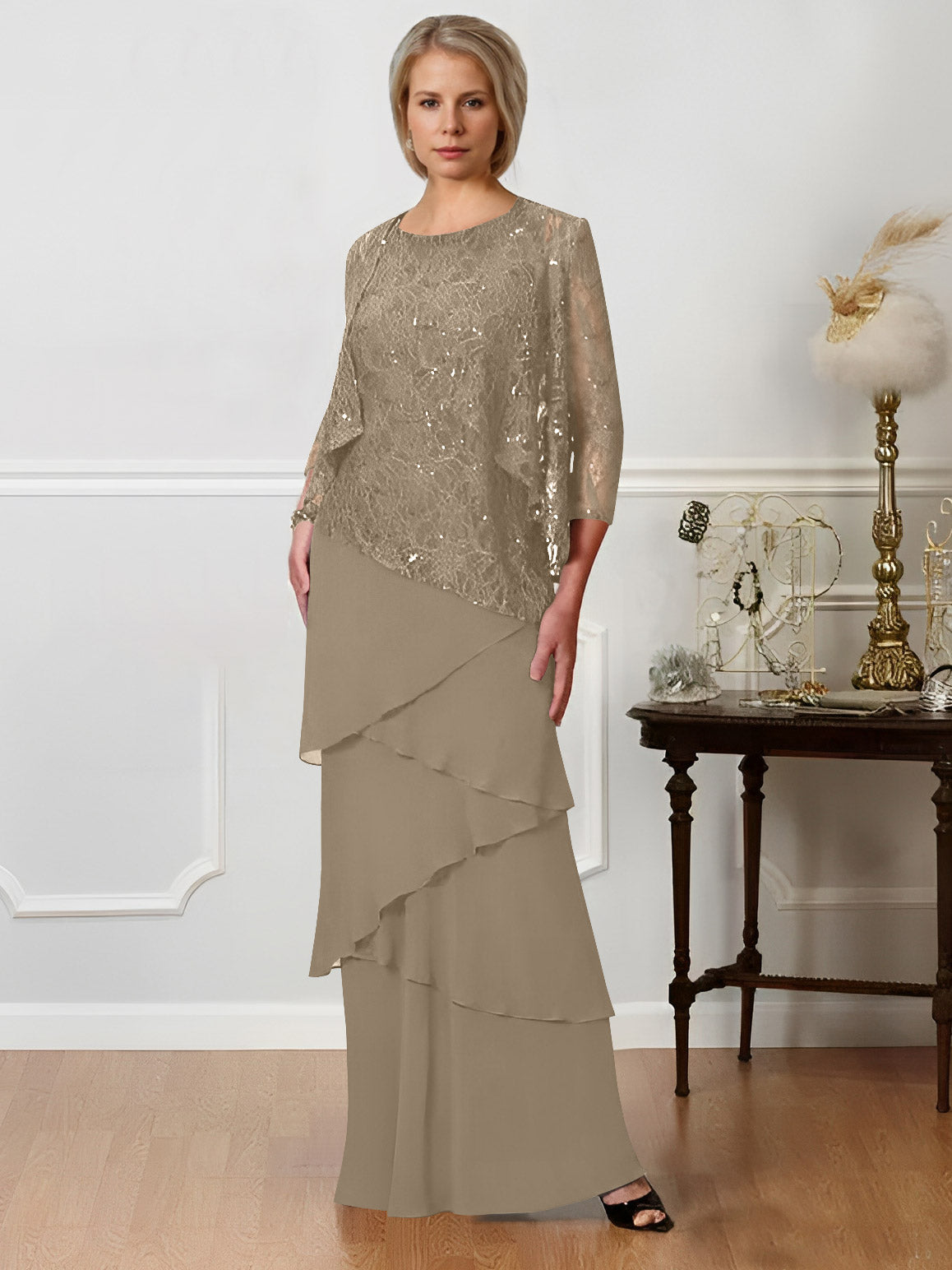 Long A Line Mother of the Bride Dress with Jewel Neck