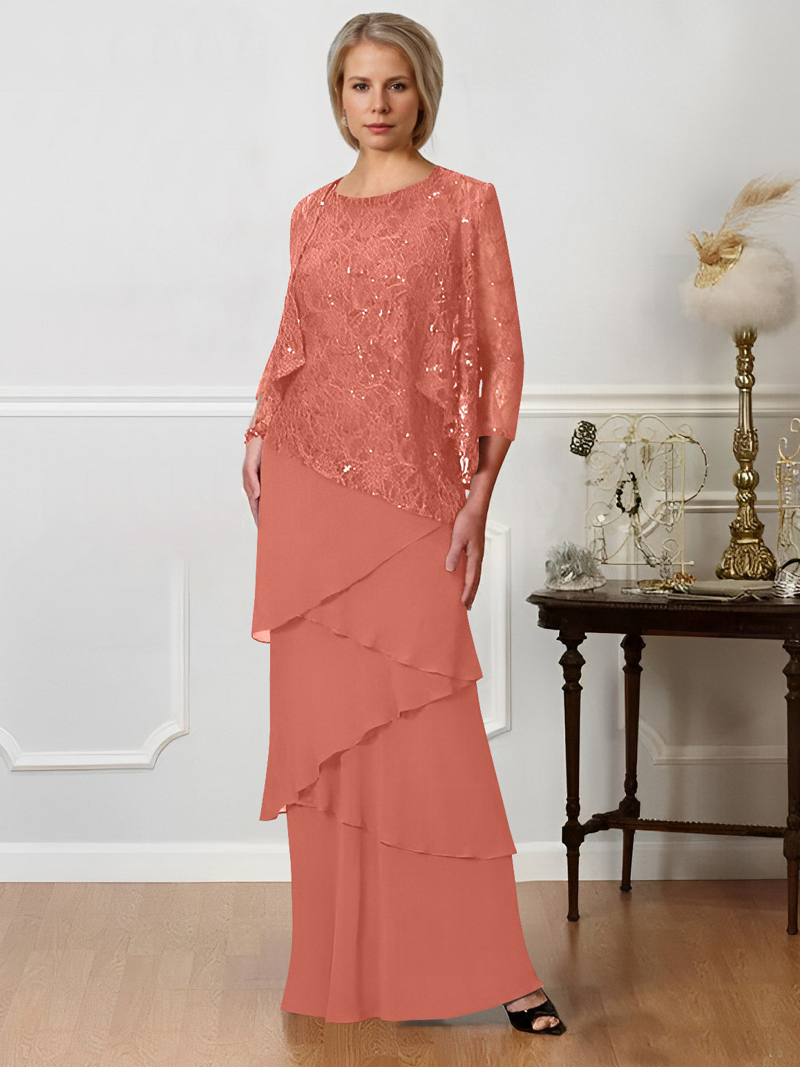 Long A Line Mother of the Bride Dress with Jewel Neck
