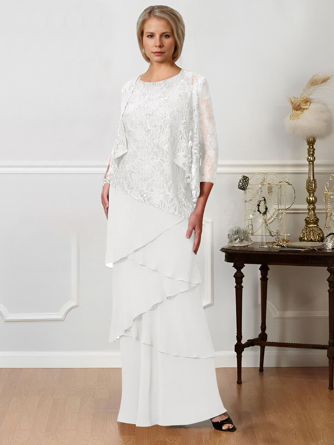 Long A Line Mother of the Bride Dress with Jewel Neck