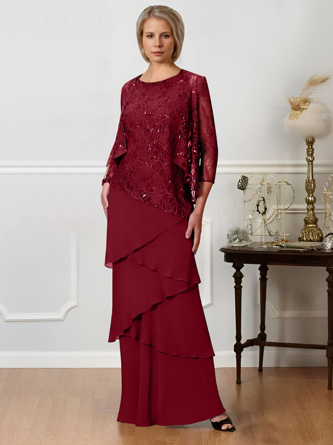 Long A Line Mother of the Bride Dress with Jewel Neck