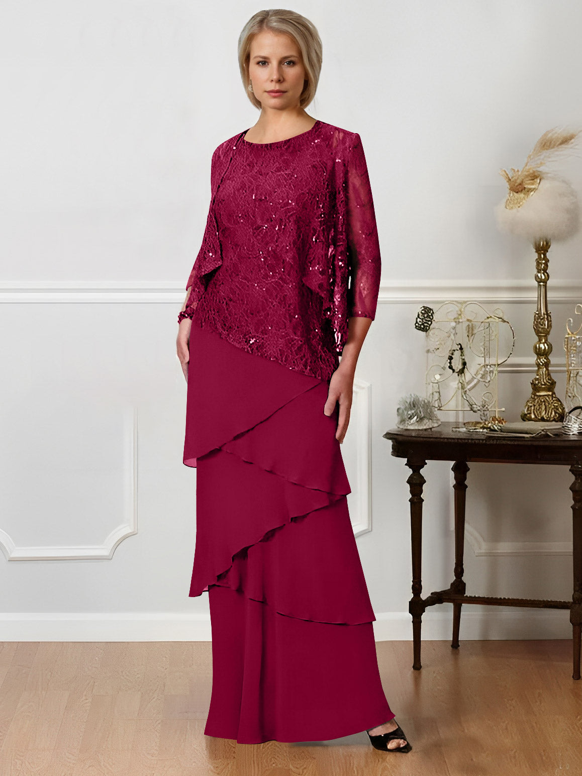 Long A Line Mother of the Bride Dress with Jewel Neck