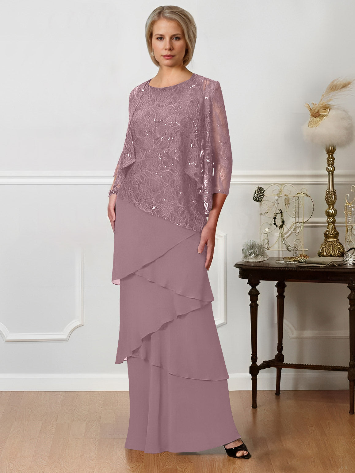 Long A Line Mother of the Bride Dress with Jewel Neck