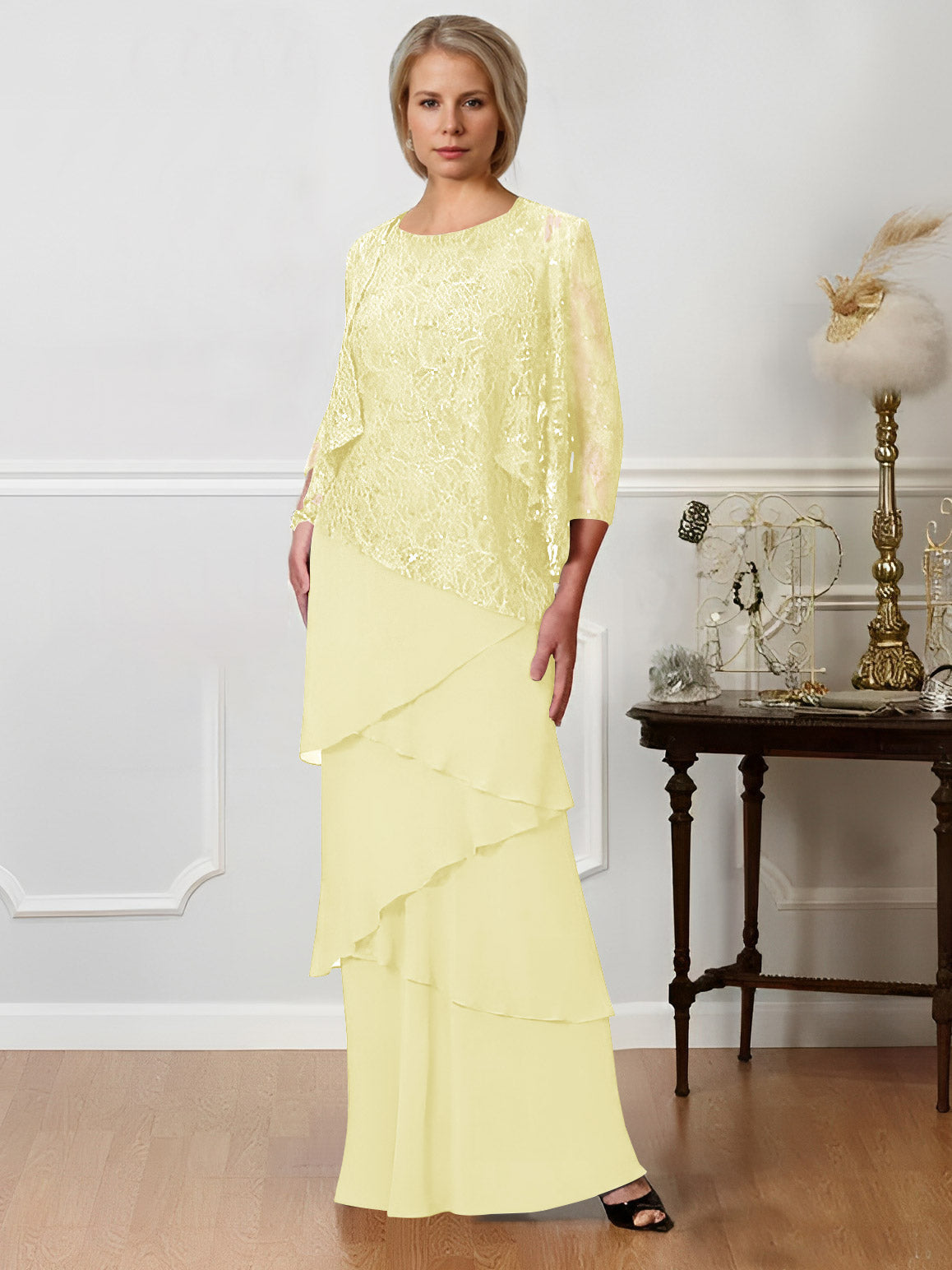 Long A Line Mother of the Bride Dress with Jewel Neck