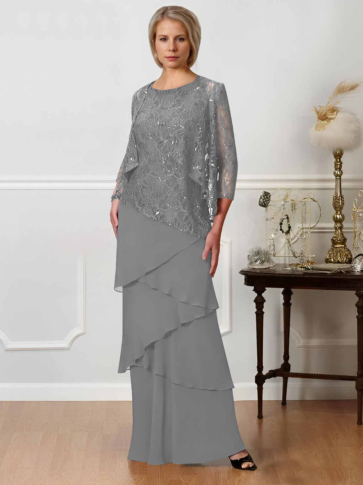Long A Line Mother of the Bride Dress with Jewel Neck