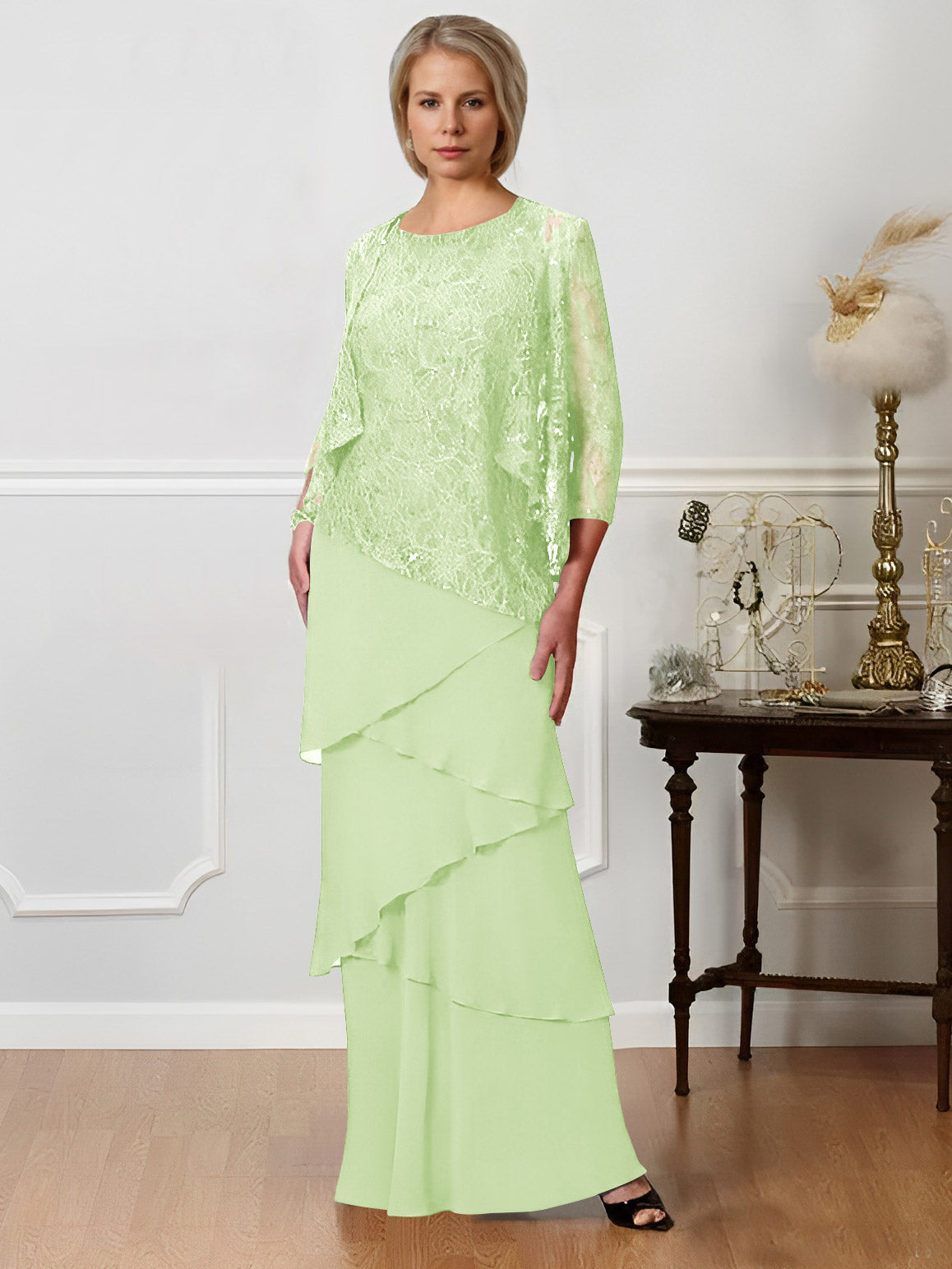 Long A Line Mother of the Bride Dress with Jewel Neck