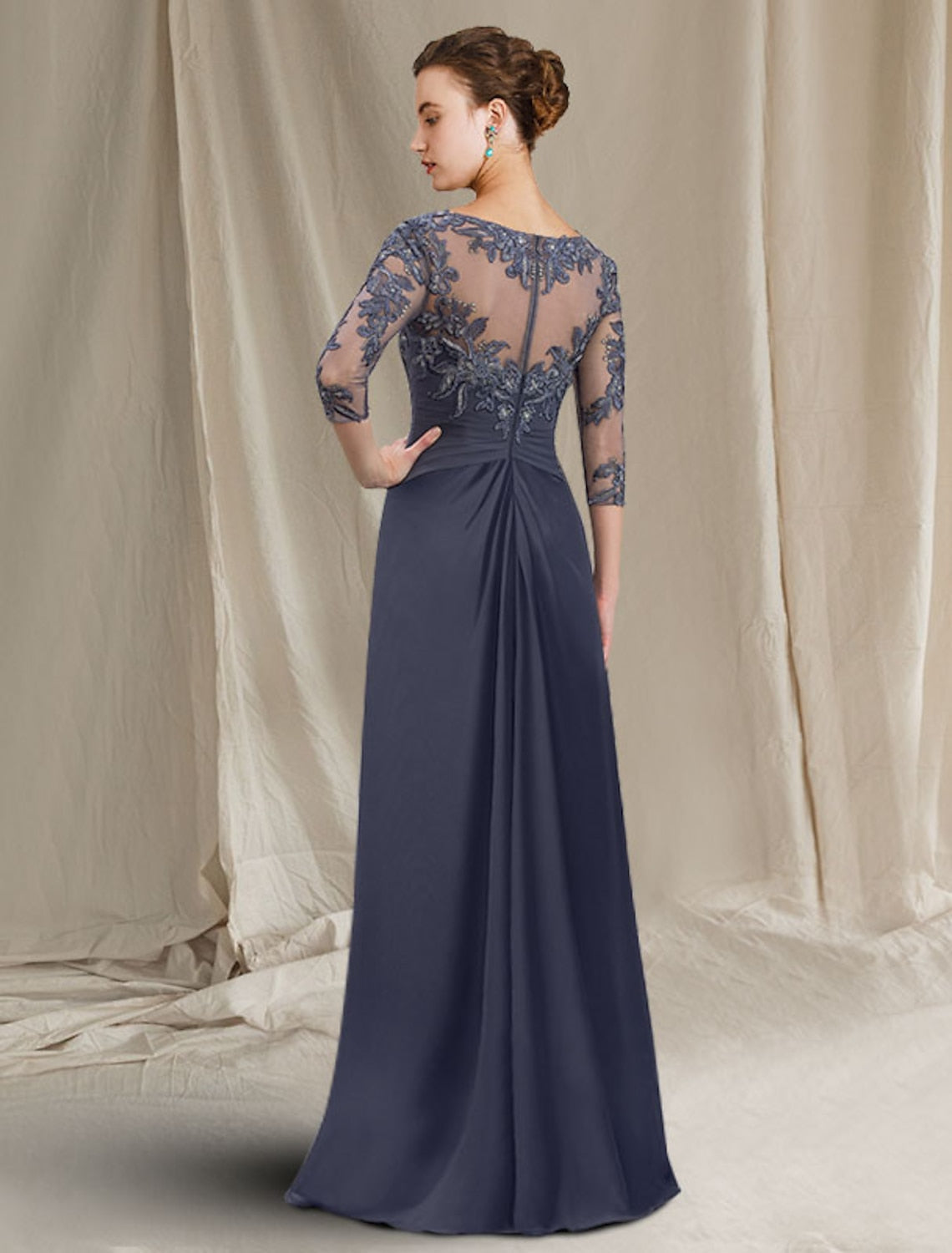 Long A Line Mother of the Bride Dress with Jewel Neckline