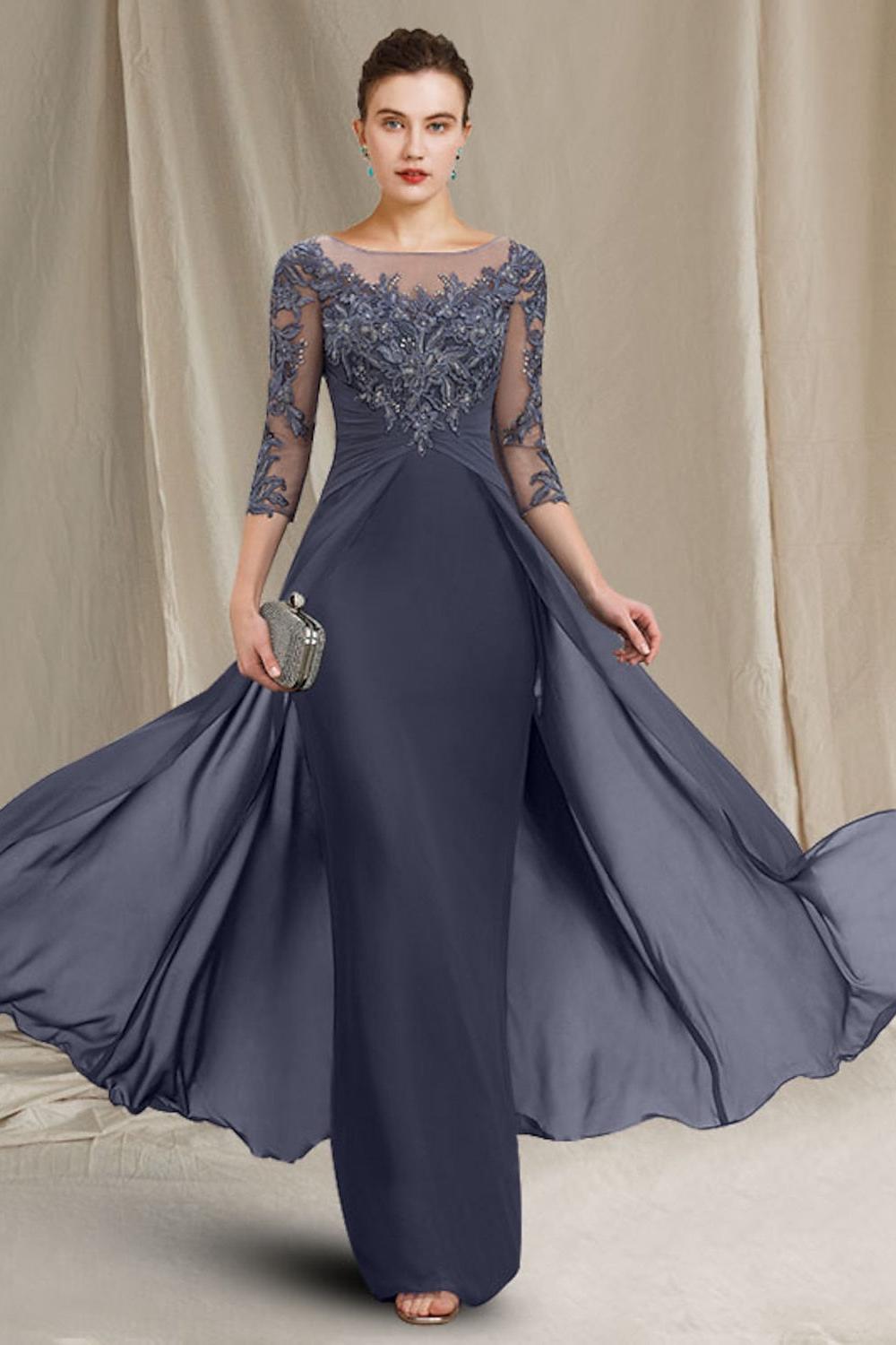 Long A Line Mother of the Bride Dress with Jewel Neckline