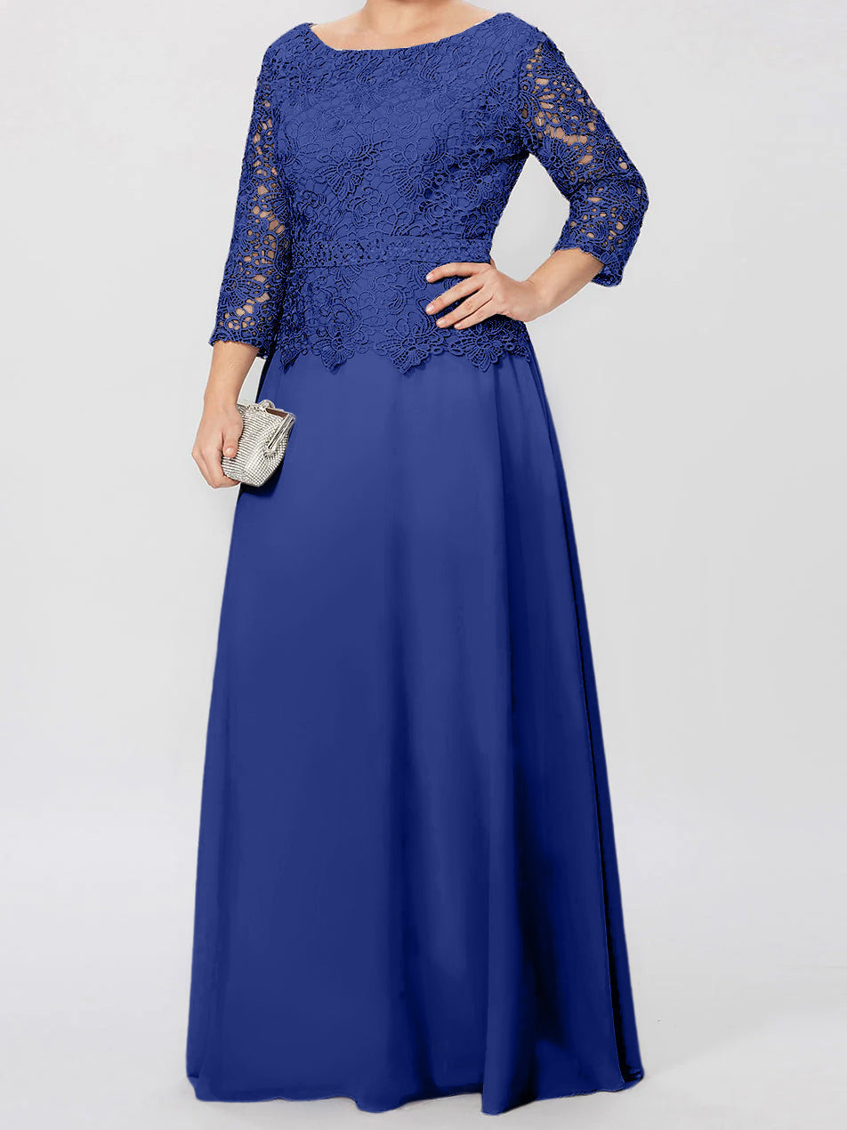 Long A Line Gown with Round Neck and 3/4 Sleeves Embellished with Applique & Sequins