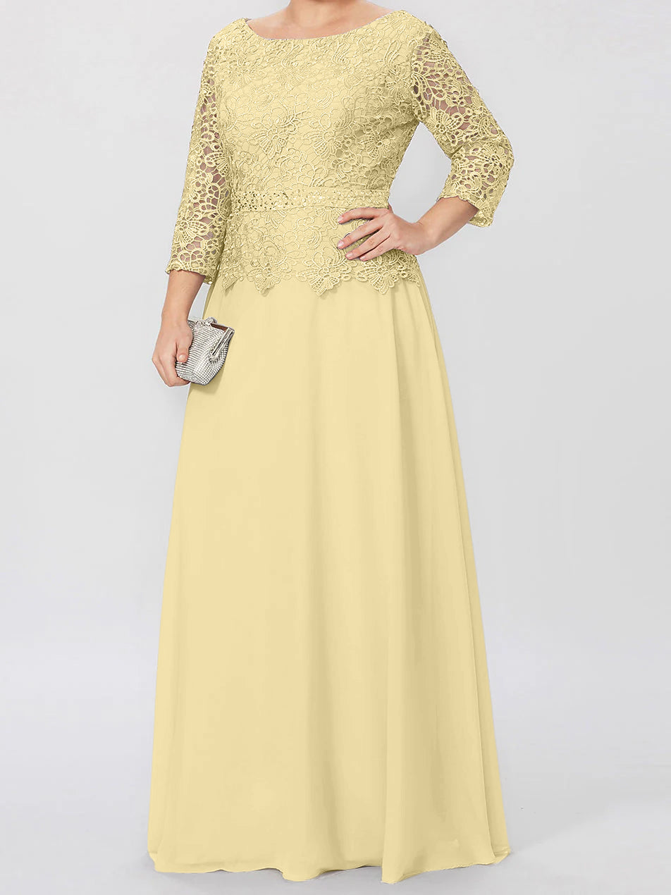 Long A Line Gown with Round Neck and 3/4 Sleeves Embellished with Applique & Sequins