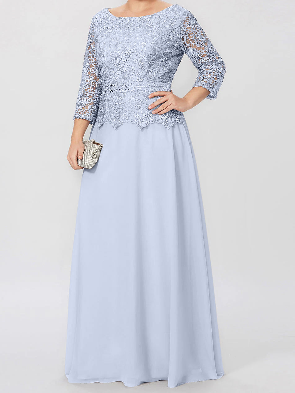 Long A Line Gown with Round Neck and 3/4 Sleeves Embellished with Applique & Sequins