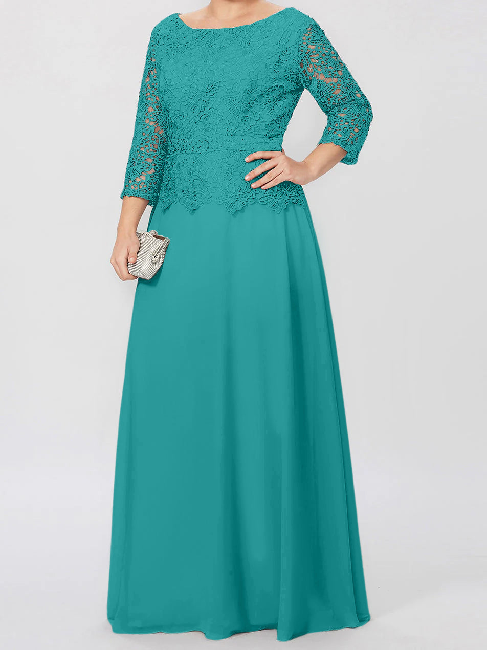 Long A Line Gown with Round Neck and 3/4 Sleeves Embellished with Applique & Sequins