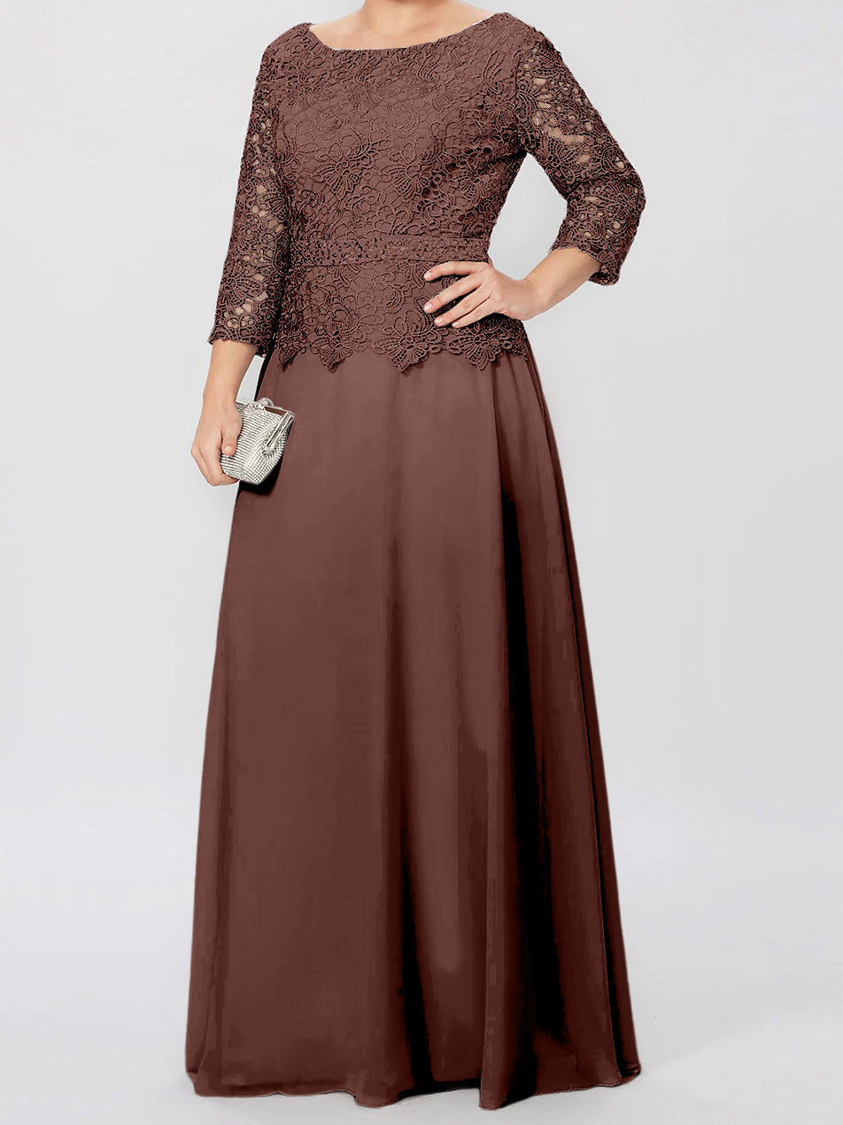 Long A Line Gown with Round Neck and 3/4 Sleeves Embellished with Applique & Sequins