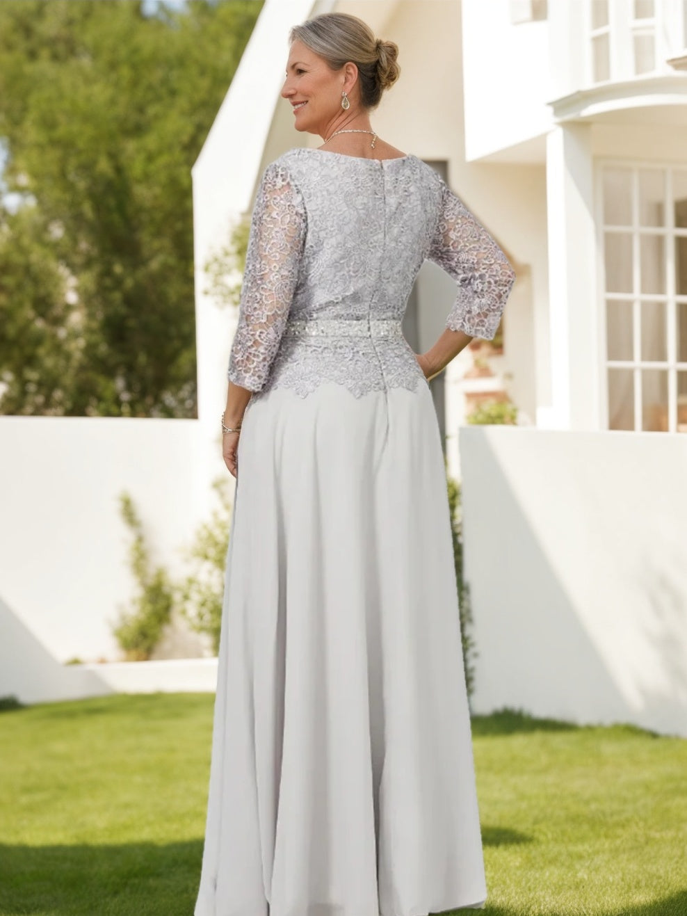 Long A Line Gown with Round Neck and 3/4 Sleeves Embellished with Applique & Sequins