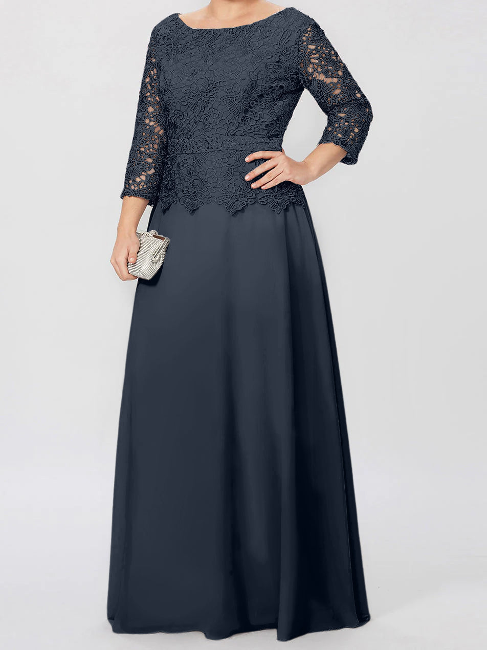 Long A Line Gown with Round Neck and 3/4 Sleeves Embellished with Applique & Sequins