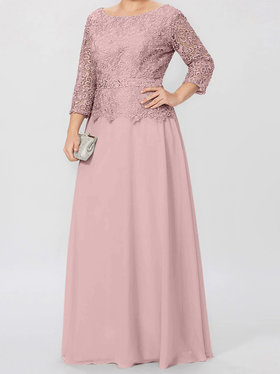 Long A Line Gown with Round Neck and 3/4 Sleeves Embellished with Applique & Sequins
