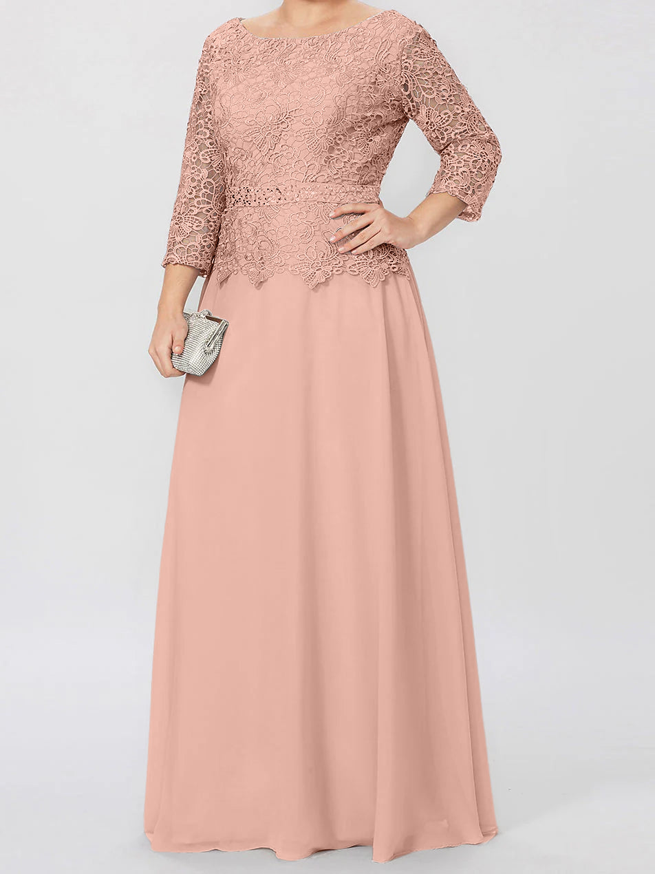 Long A Line Gown with Round Neck and 3/4 Sleeves Embellished with Applique & Sequins