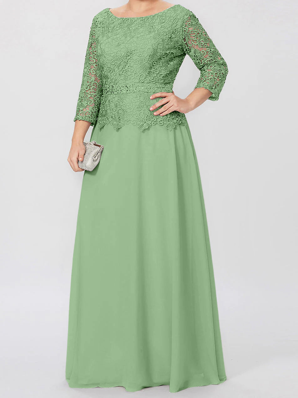 Long A Line Gown with Round Neck and 3/4 Sleeves Embellished with Applique & Sequins
