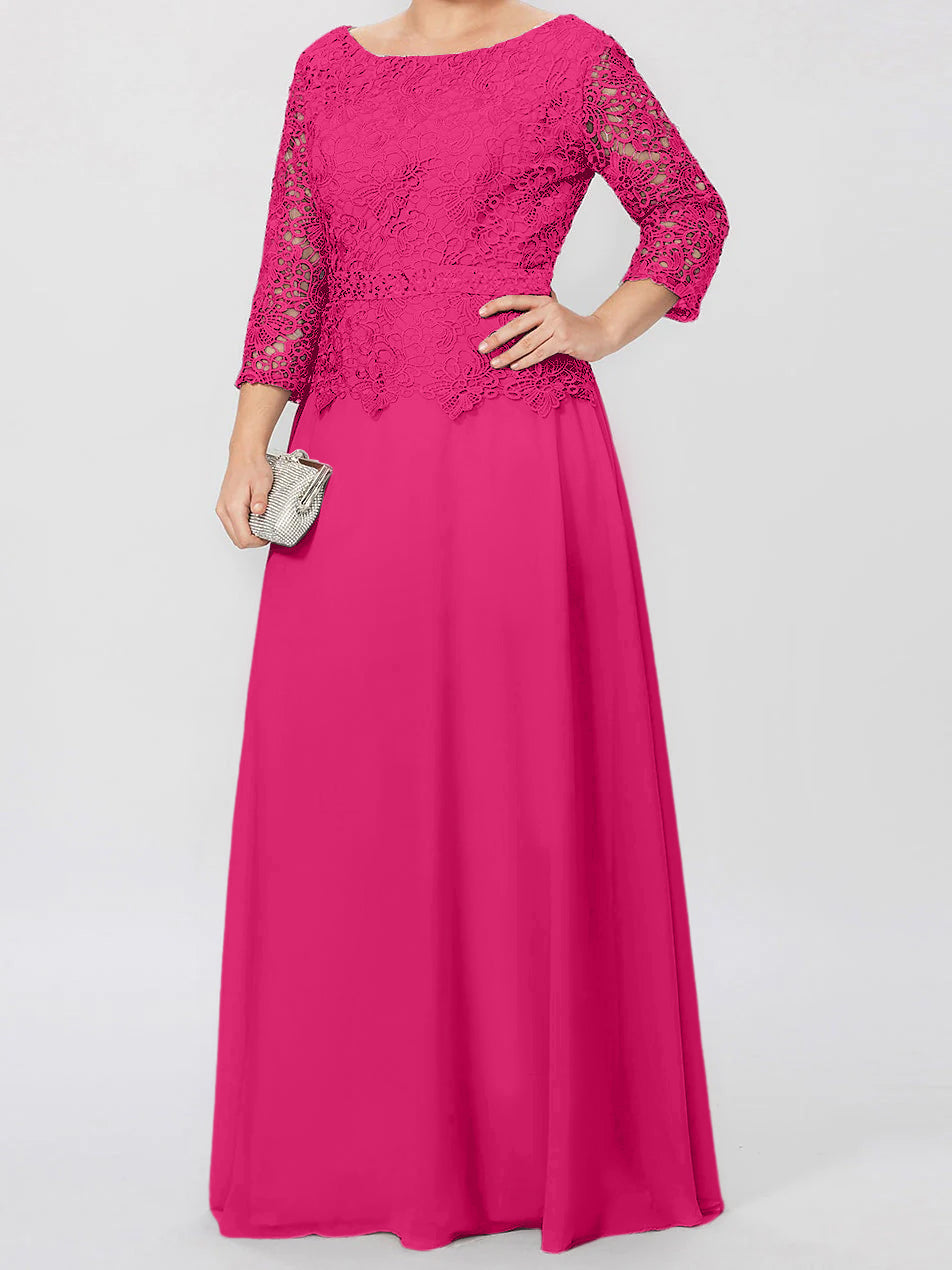 Long A Line Gown with Round Neck and 3/4 Sleeves Embellished with Applique & Sequins
