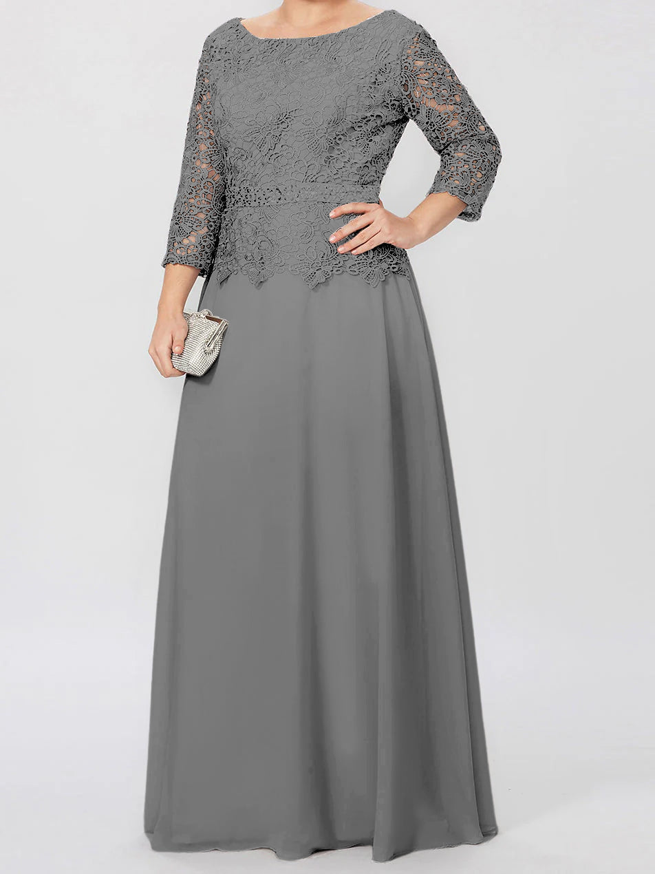 Long A Line Gown with Round Neck and 3/4 Sleeves Embellished with Applique & Sequins