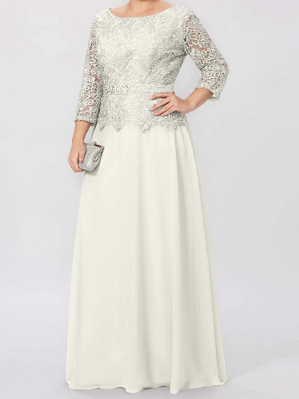Long A Line Gown with Round Neck and 3/4 Sleeves Embellished with Applique & Sequins