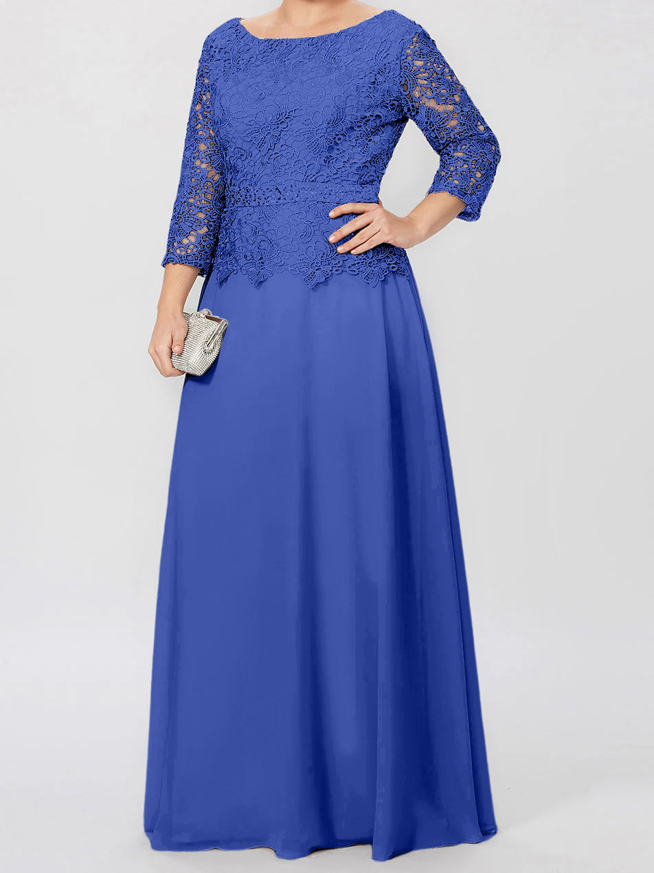 Long A Line Gown with Round Neck and 3/4 Sleeves Embellished with Applique & Sequins