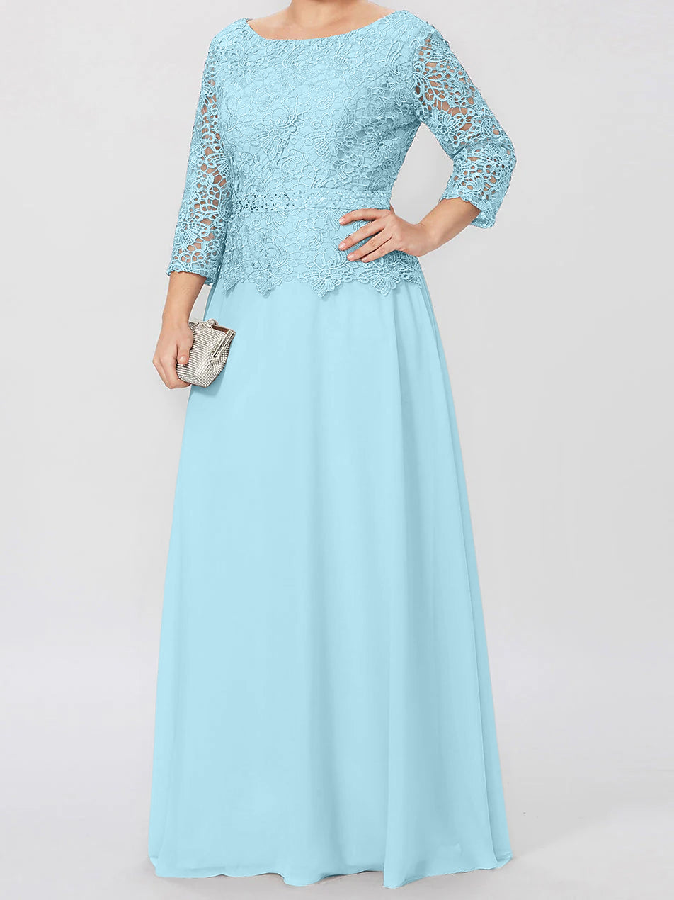 Long A Line Gown with Round Neck and 3/4 Sleeves Embellished with Applique & Sequins