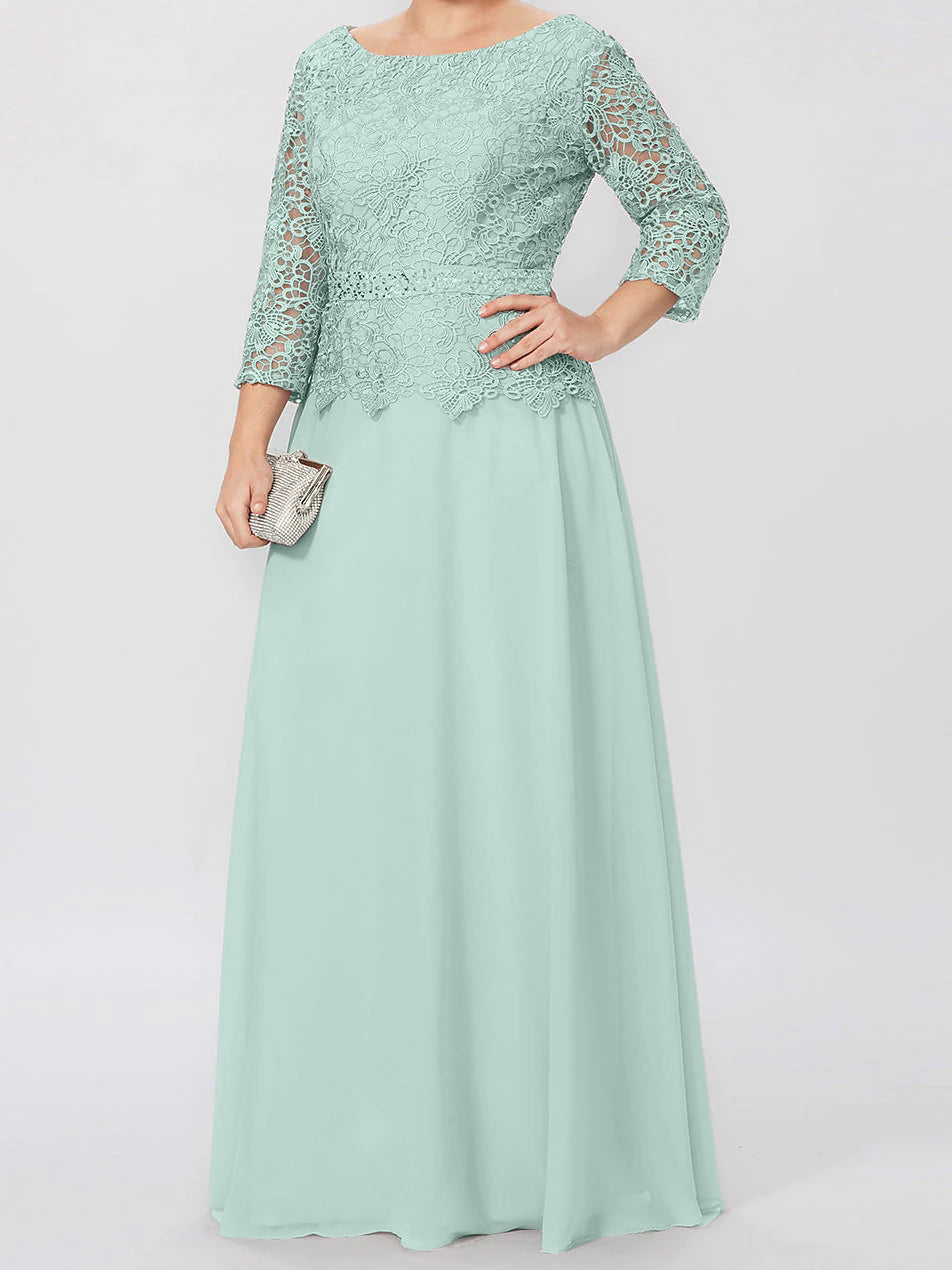 Long A Line Gown with Round Neck and 3/4 Sleeves Embellished with Applique & Sequins