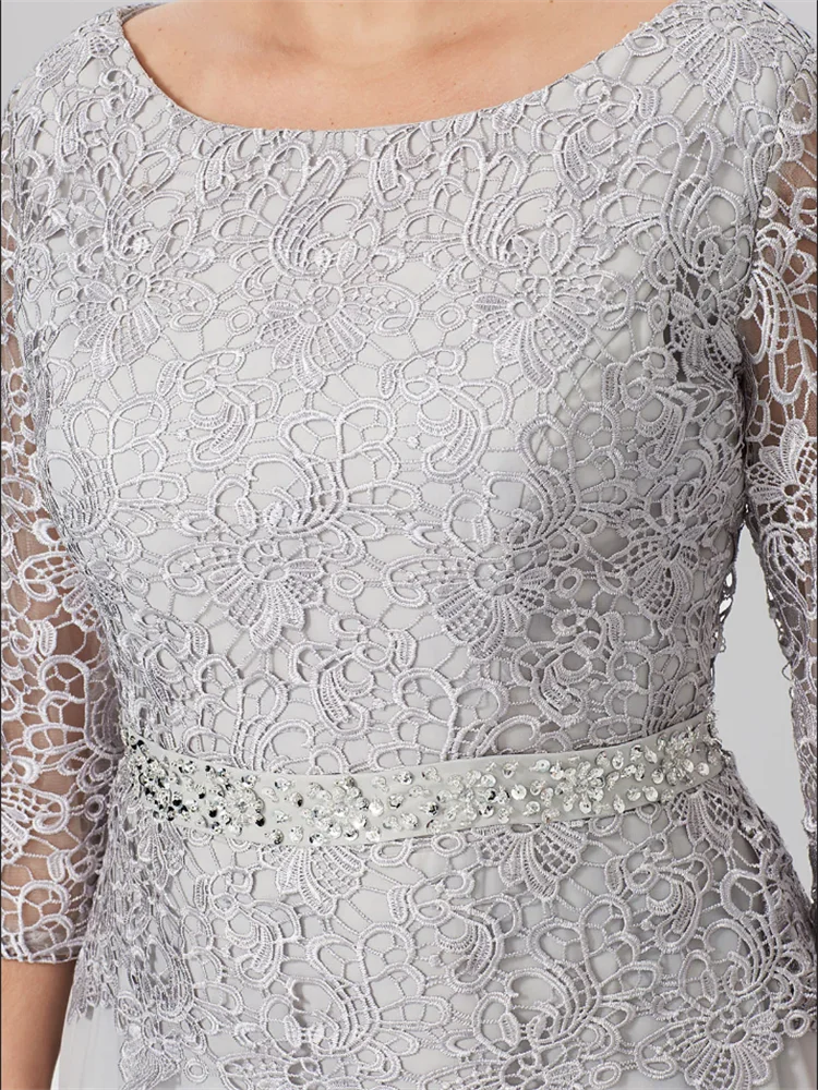 Long A Line Gown with Round Neck and 3/4 Sleeves Embellished with Applique & Sequins