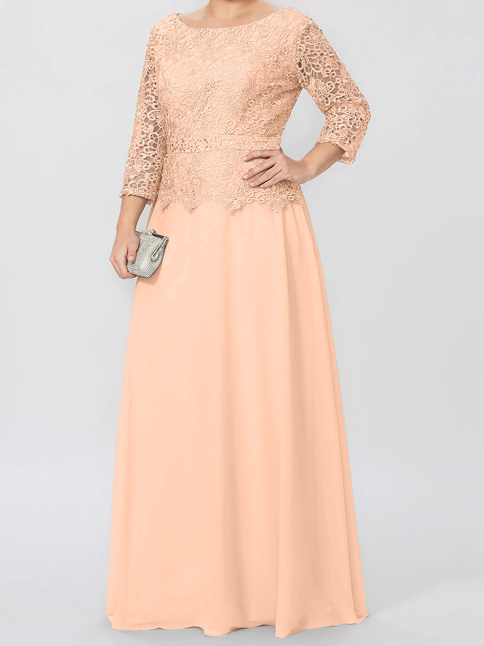 Long A Line Gown with Round Neck and 3/4 Sleeves Embellished with Applique & Sequins