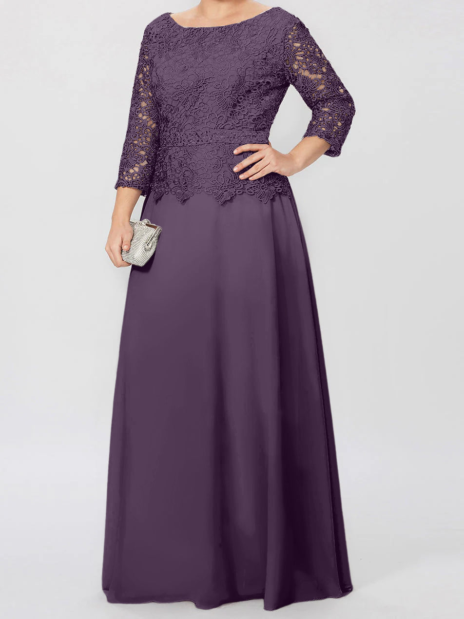 Long A Line Gown with Round Neck and 3/4 Sleeves Embellished with Applique & Sequins
